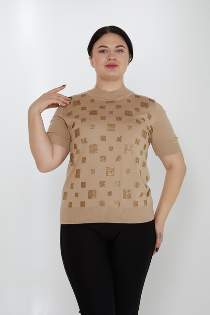 Women's Knitwear Stand Collar Stoned Beige - 31550 | KAZEE - Thumbnail