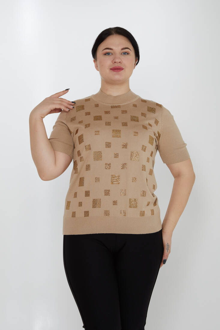 Women's Knitwear Stand Collar Stoned Beige - 31550 | KAZEE