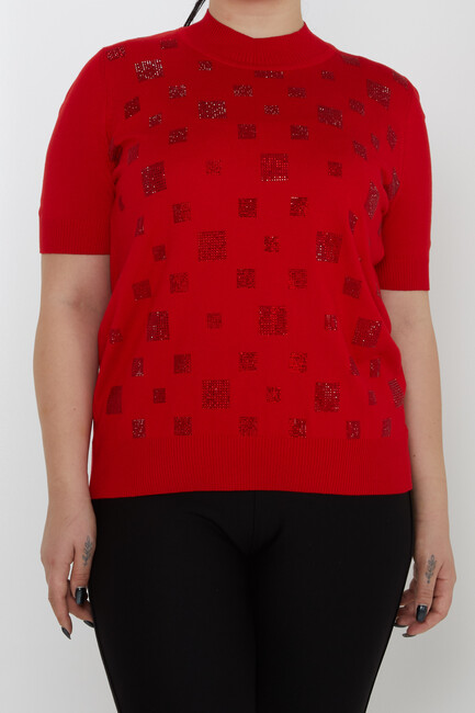 Women's Knitwear Stand Collar Stoned Red - 31550 | KAZEE - Thumbnail