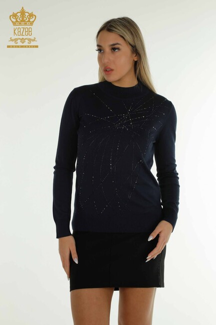 Women's Knitwear Stoned Stand Collar Navy Blue - 30454 | KAZEE - Thumbnail