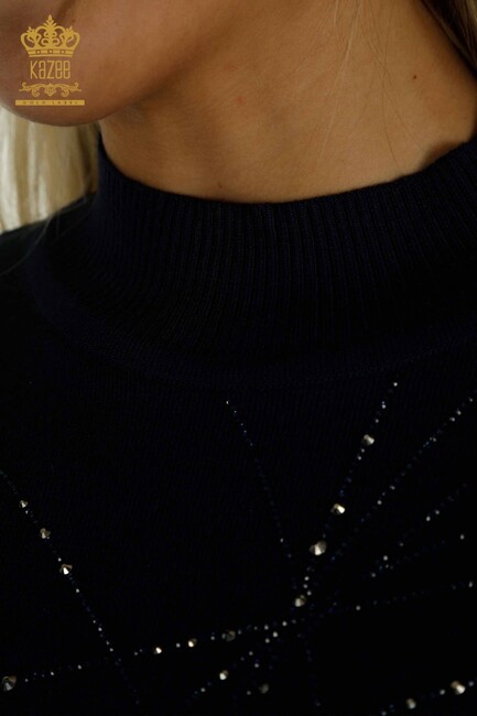 Women's Knitwear Stoned Stand Collar Navy Blue - 30454 | KAZEE - Thumbnail