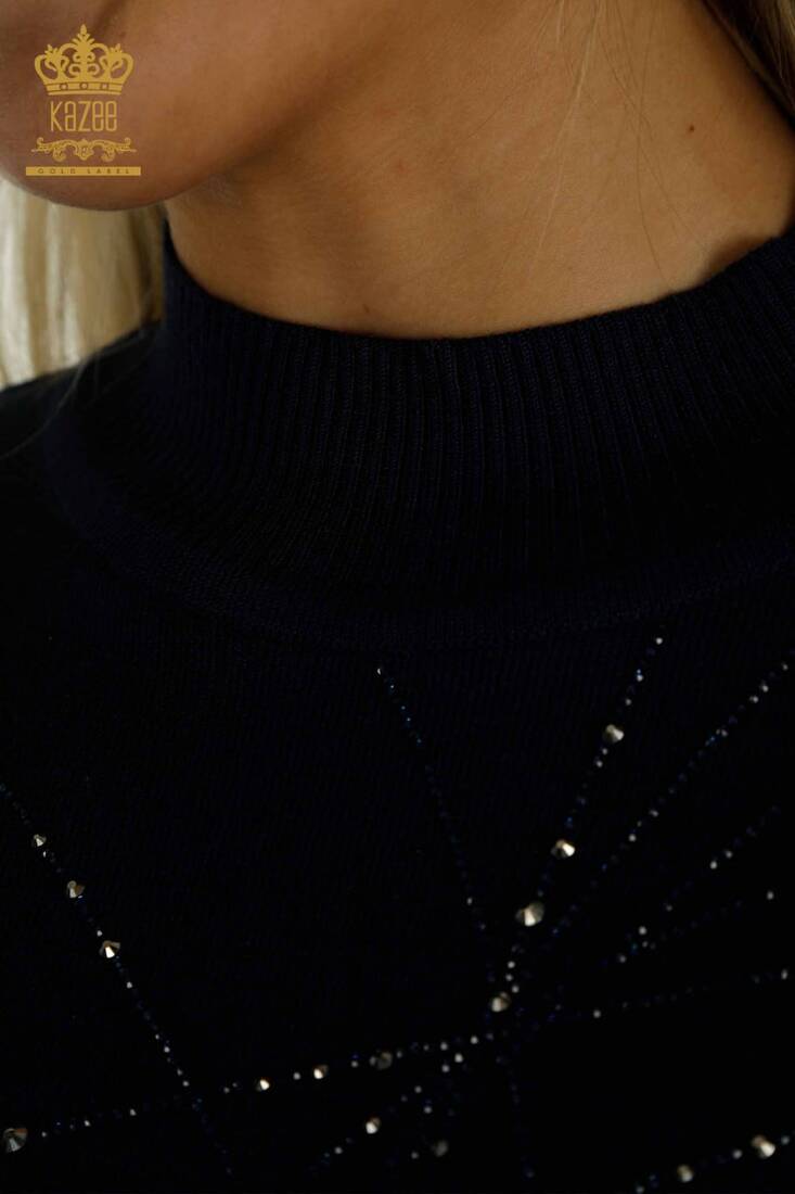 Women's Knitwear Stoned Stand Collar Navy Blue - 30454 | KAZEE