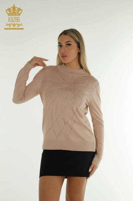 Women's Knitwear Stoned Stand Collar Powder - 30454 | KAZEE - Thumbnail