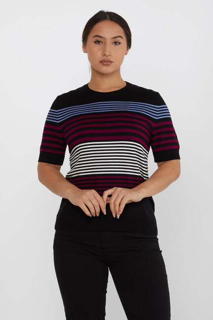 Women's Knitwear Short Sleeve Striped Detailed Burgundy - 31689 | KAZEE - Thumbnail