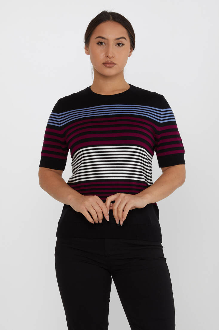 Women's Knitwear Short Sleeve Striped Detailed Burgundy - 31689 | KAZEE