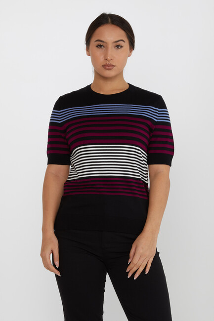 Women's Knitwear Short Sleeve Striped Detailed Burgundy - 31689 | KAZEE - Thumbnail