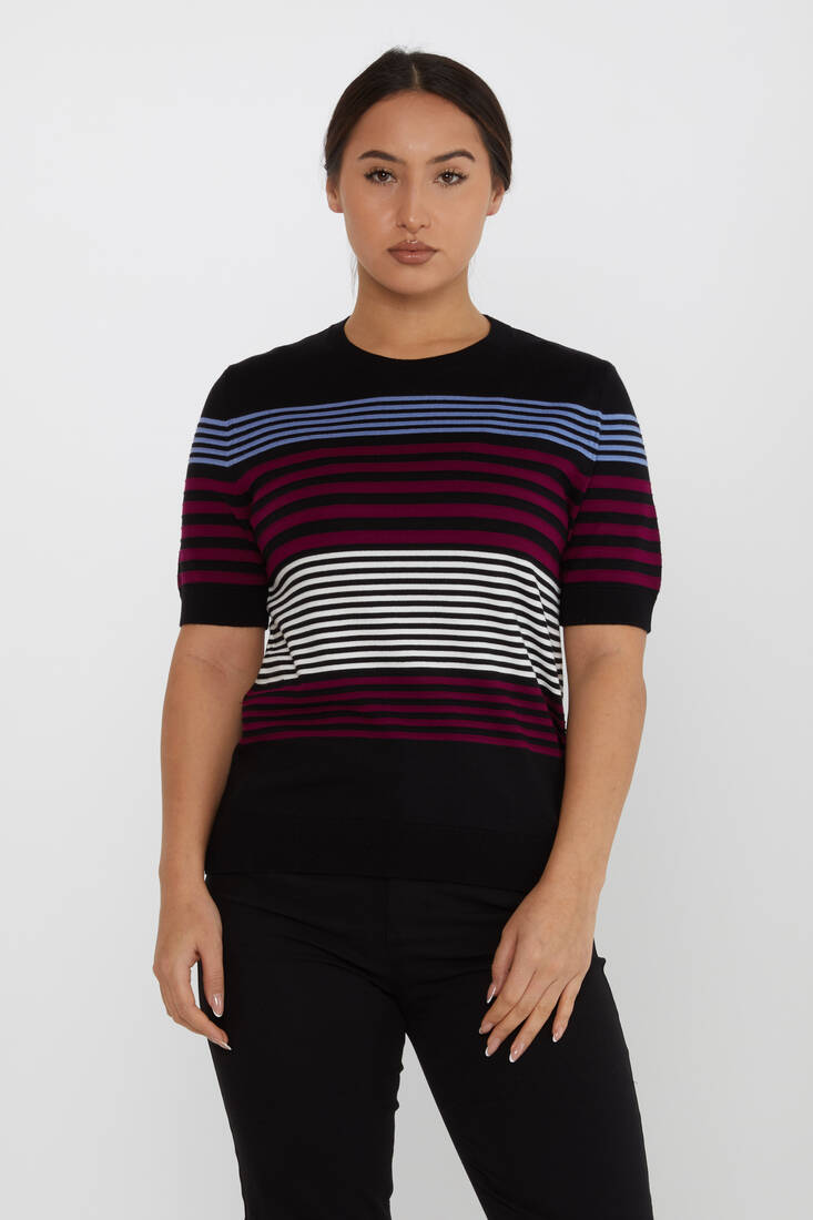 Women's Knitwear Short Sleeve Striped Detailed Burgundy - 31689 | KAZEE