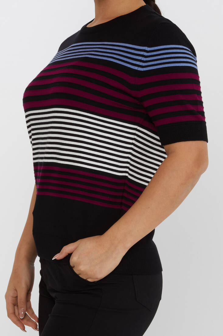 Women's Knitwear Short Sleeve Striped Detailed Burgundy - 31689 | KAZEE