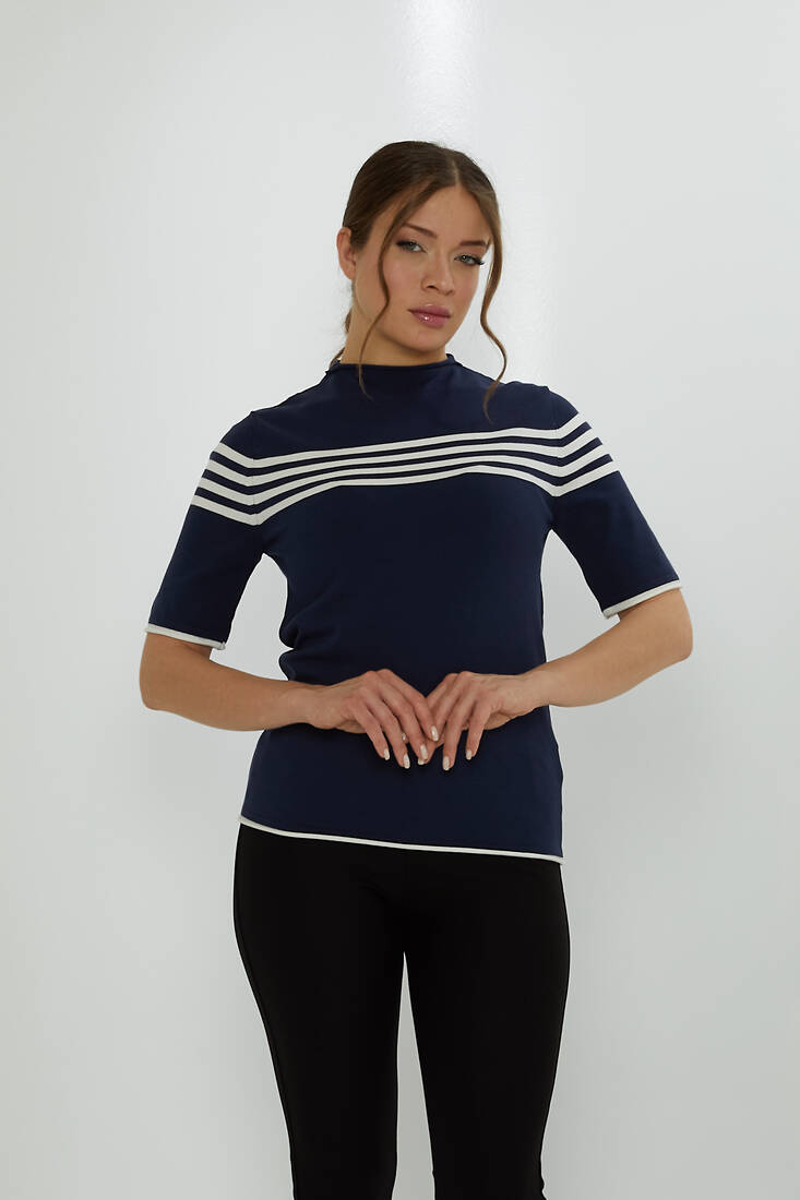 Women's Knitwear American Model Striped Navy Blue - 31759 | KAZEE