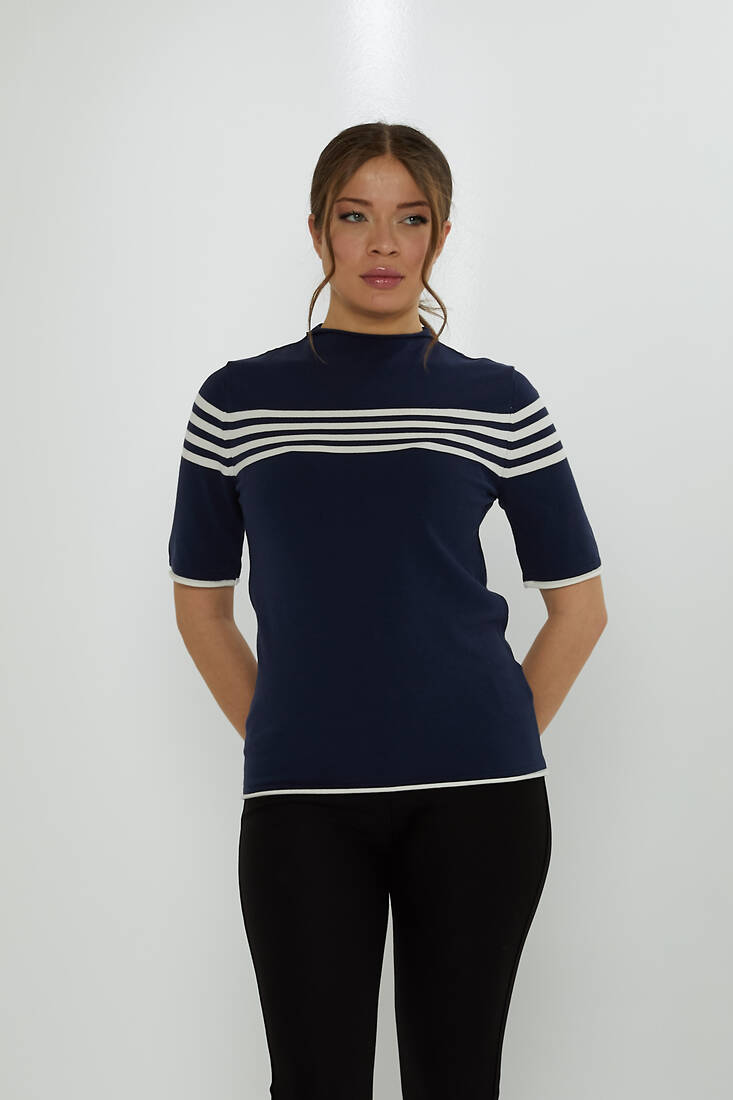 Women's Knitwear American Model Striped Navy Blue - 31759 | KAZEE