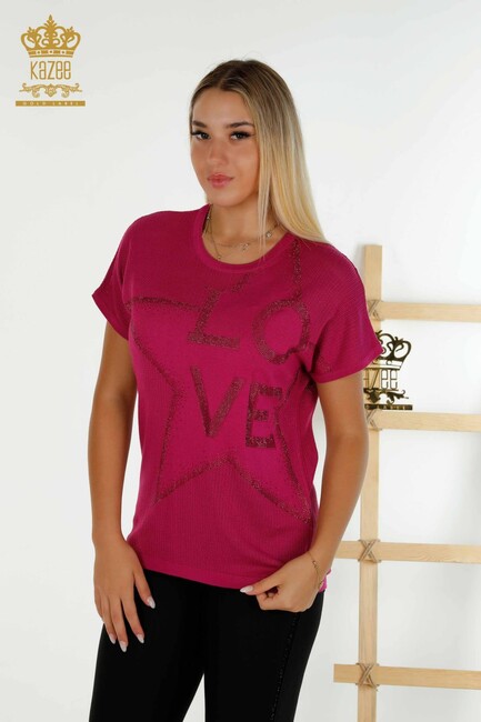 Women's Knitwear Text Detailed Fuchsia - 30501 | KAZEE - Thumbnail