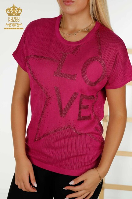 Women's Knitwear Text Detailed Fuchsia - 30501 | KAZEE - Thumbnail