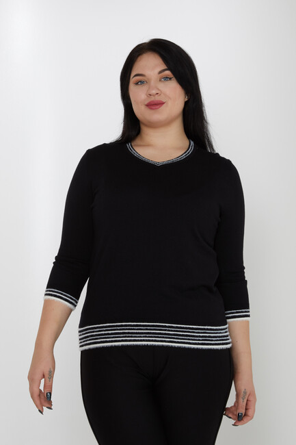 Women's Knitwear V-Neck Striped Detail Black - 31353 | KAZEE - Thumbnail