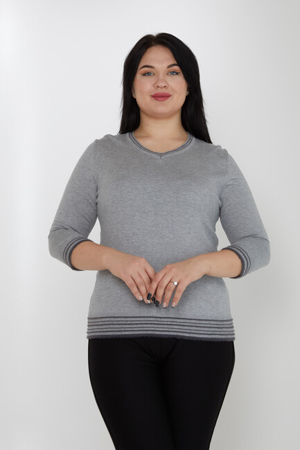 Women's Knitwear V-Neck Striped Detail Gray - 31353 | KAZEE - Thumbnail