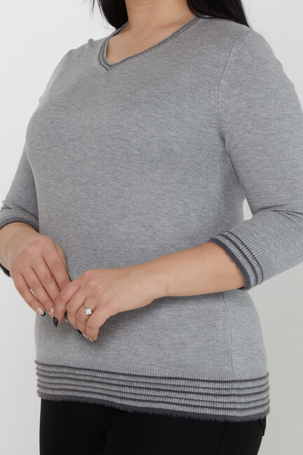 Women's Knitwear V-Neck Striped Detail Gray - 31353 | KAZEE - Thumbnail