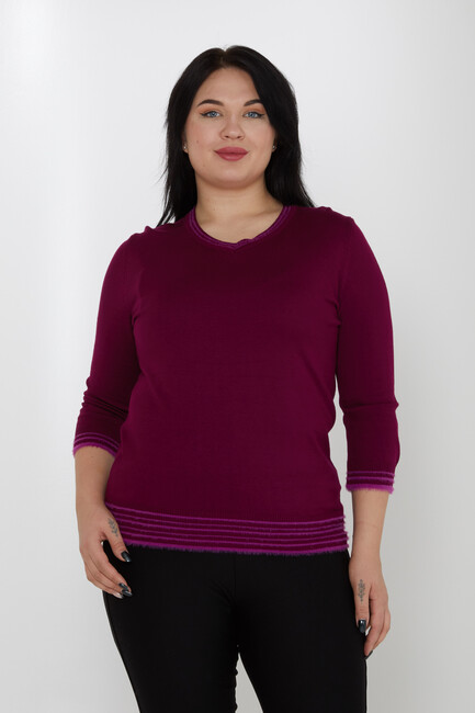 Women's Knitwear V-Neck Striped Detailed Violet - 31353 | KAZEE - Thumbnail