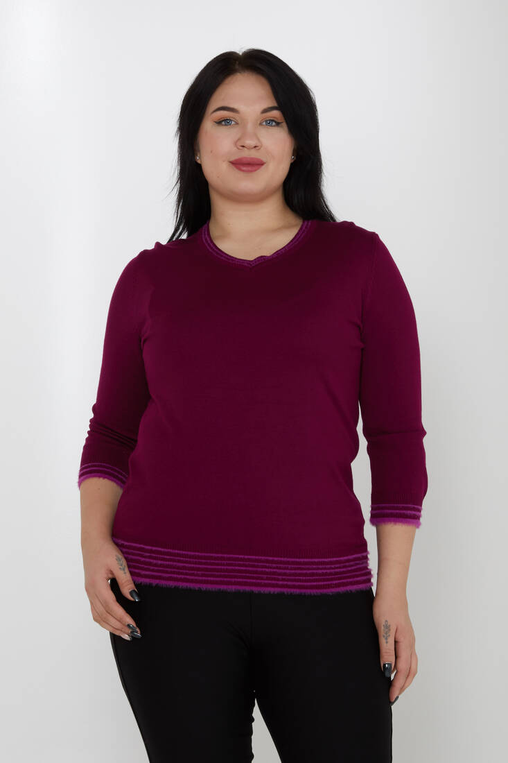 Women's Knitwear V-Neck Striped Detailed Violet - 31353 | KAZEE