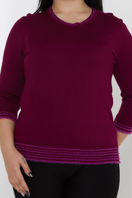 Women's Knitwear V-Neck Striped Detailed Violet - 31353 | KAZEE - Thumbnail