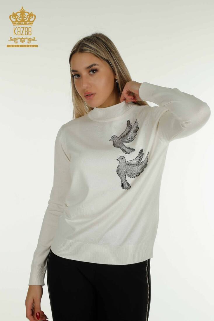 Women's Sweater Stoned Bird Patterned Ecru - 30745 | KAZEE