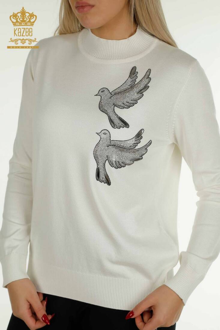 Women's Sweater Stoned Bird Patterned Ecru - 30745 | KAZEE