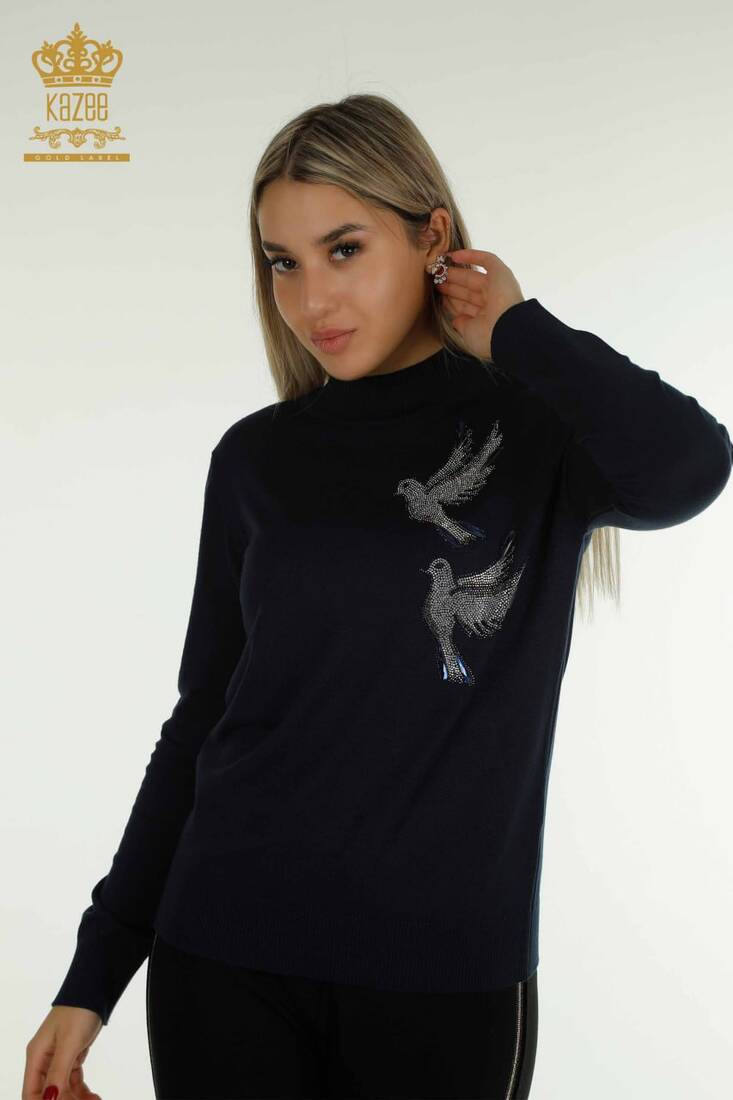 Women's Sweater Stoned Bird Patterned Navy Blue - 30745 | KAZEE