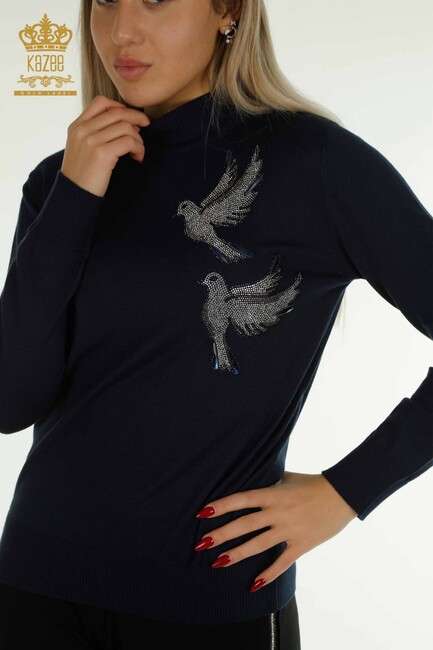 Women's Sweater Stoned Bird Patterned Navy Blue - 30745 | KAZEE - Thumbnail