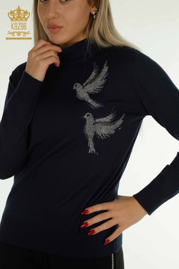 Women's Sweater Stoned Bird Patterned Navy Blue - 30745 | KAZEE