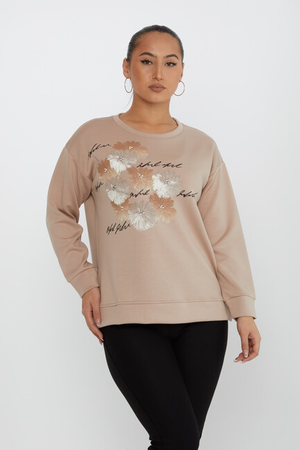 Women's Sweatshirt Beaded Detail Beige - 17806 | KAZEE - Thumbnail