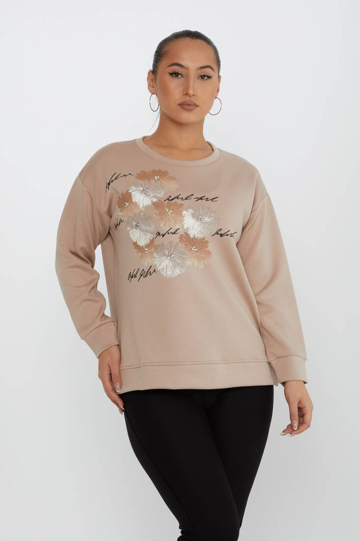 Women's Sweatshirt Beaded Detail Beige - 17806 | KAZEE