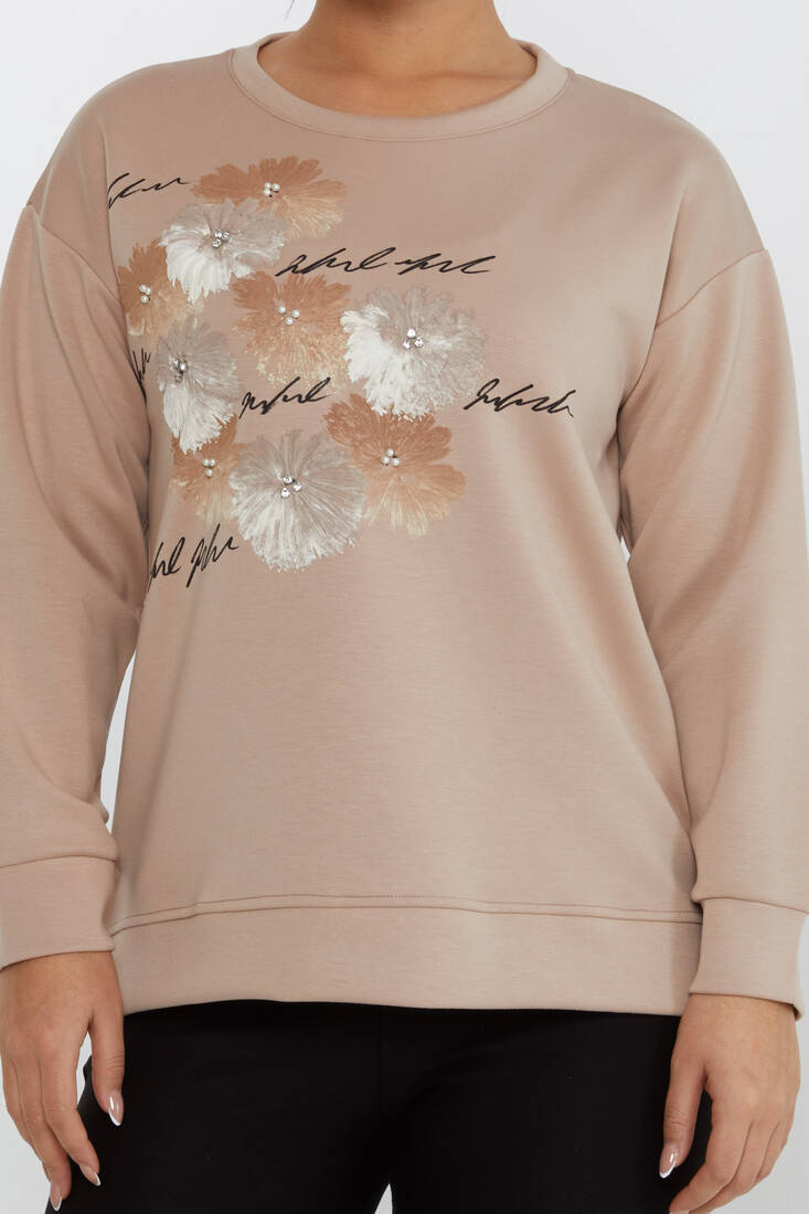 Women's Sweatshirt Beaded Detail Beige - 17806 | KAZEE