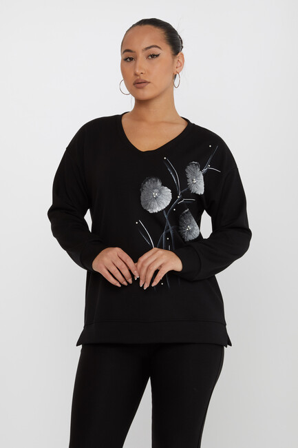 Women's Sweatshirt Floral Pattern Black - 17817 | KAZEE - Thumbnail