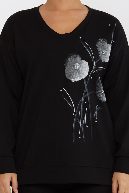 Women's Sweatshirt Floral Pattern Black - 17817 | KAZEE - Thumbnail