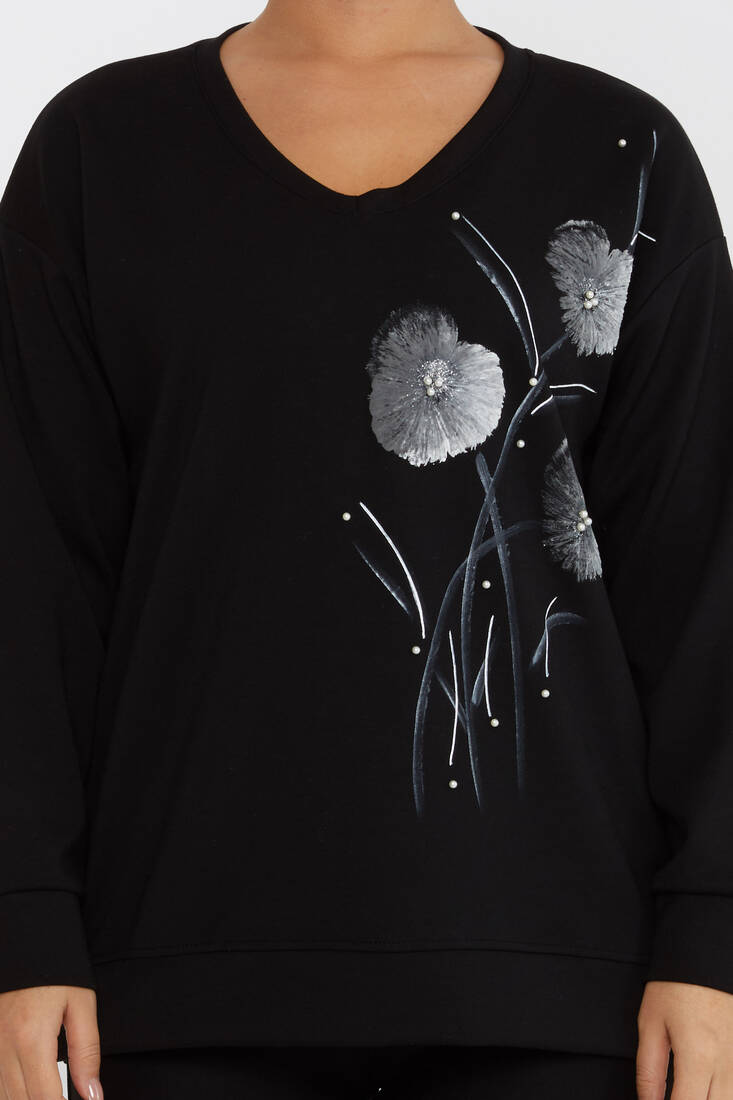 Women's Sweatshirt Floral Pattern Black - 17817 | KAZEE