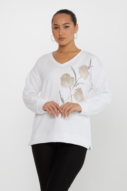 Women's Sweatshirt Floral Patterned Ecru - 17817 | KAZEE - Thumbnail