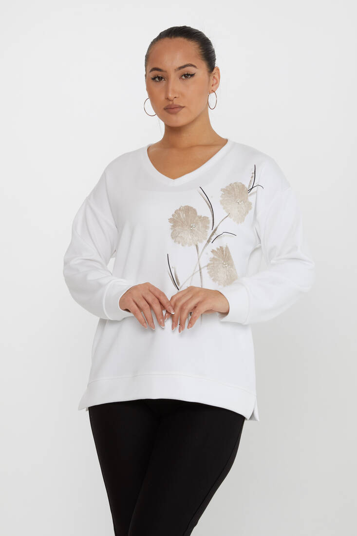 Women's Sweatshirt Floral Patterned Ecru - 17817 | KAZEE