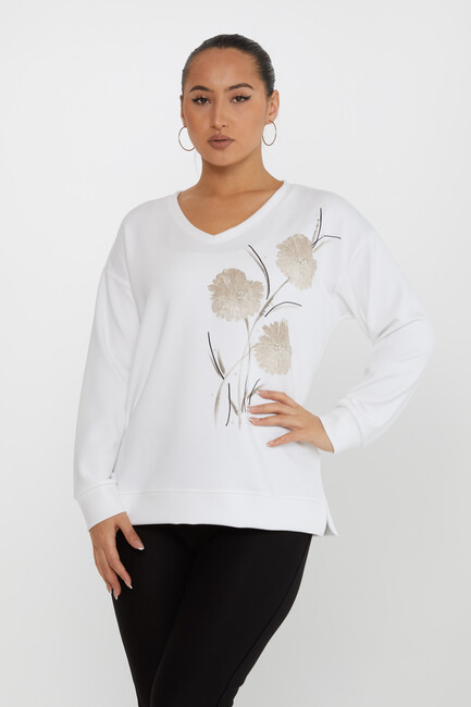 Women's Sweatshirt Floral Patterned Ecru - 17817 | KAZEE - Thumbnail