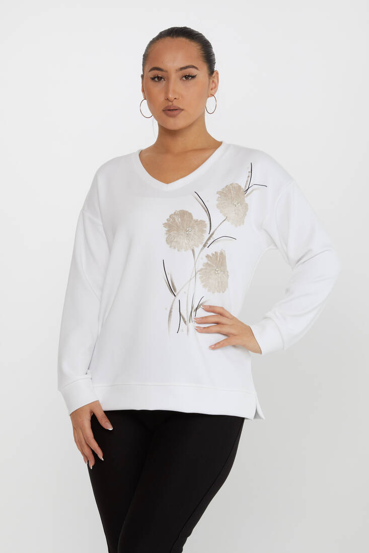 Women's Sweatshirt Floral Patterned Ecru - 17817 | KAZEE